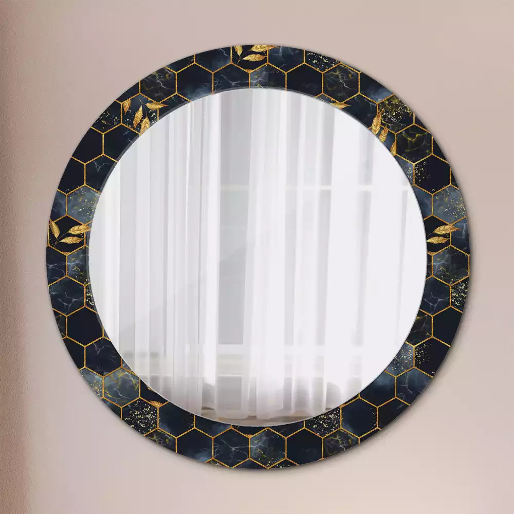 Miroir rond cadre avec impression Hexagone marbré