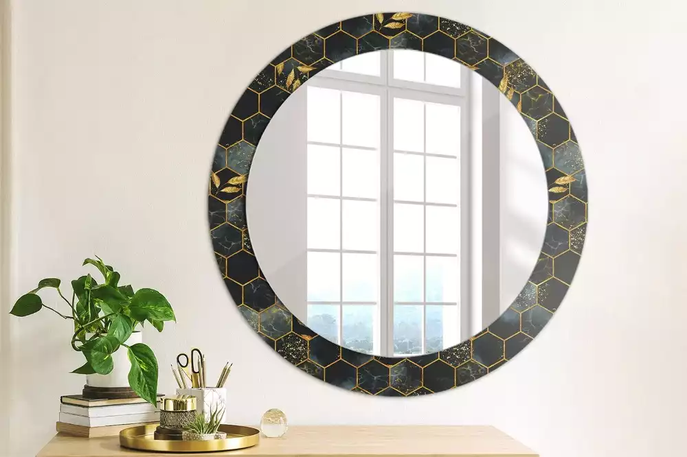 Miroir rond cadre avec impression Hexagone marbré