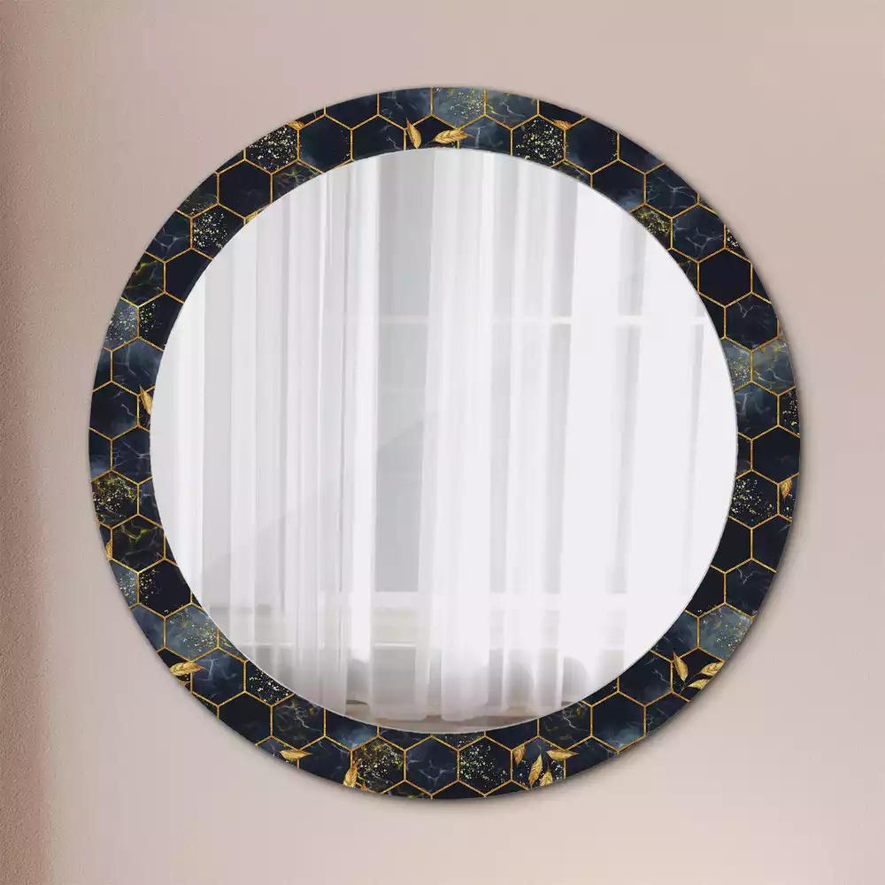 Miroir rond cadre avec impression Hexagone marbré
