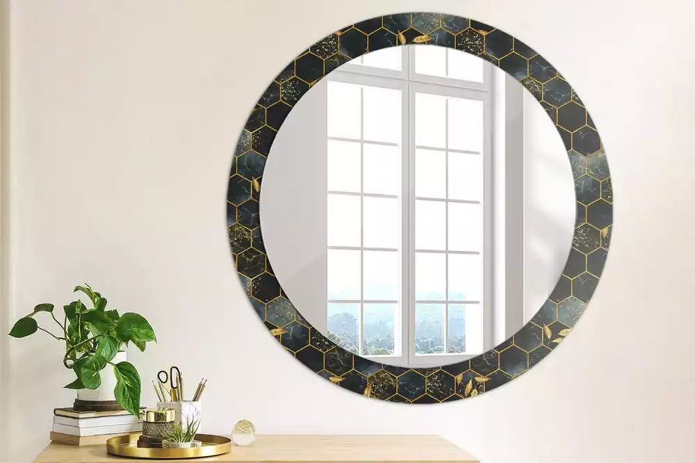 Miroir rond cadre avec impression Hexagone marbré