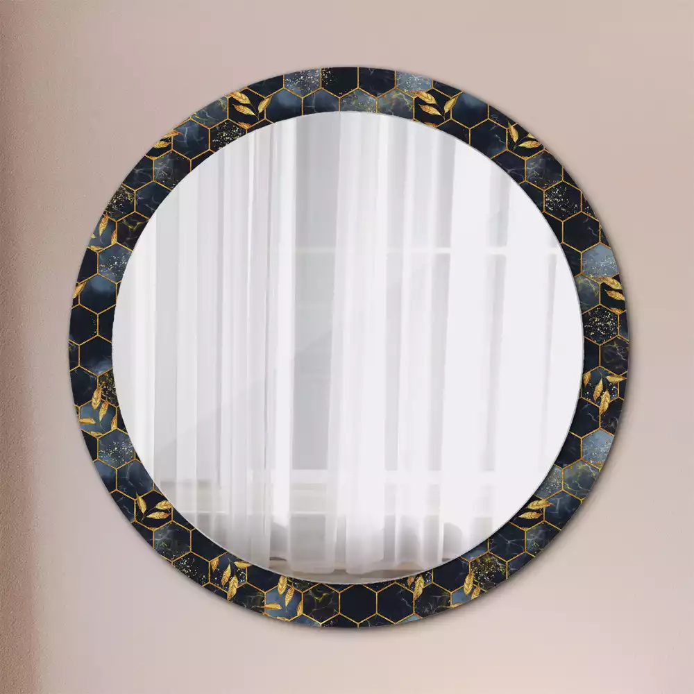 Miroir rond cadre avec impression Hexagone marbré