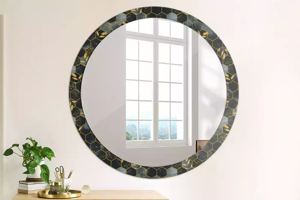 Miroir rond cadre avec impression Hexagone marbré