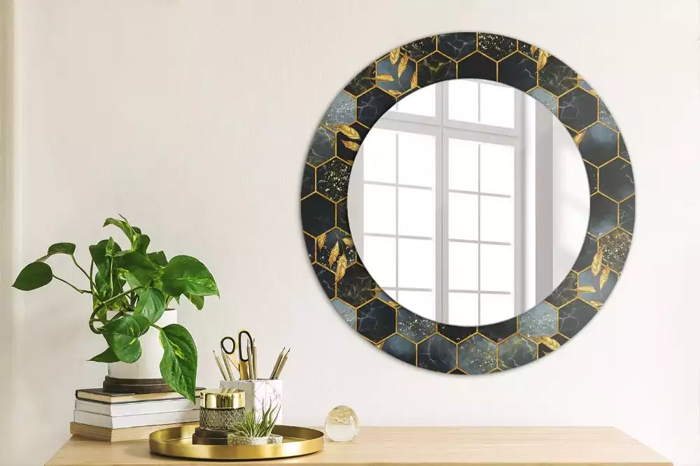Miroir rond cadre avec impression Hexagone marbré