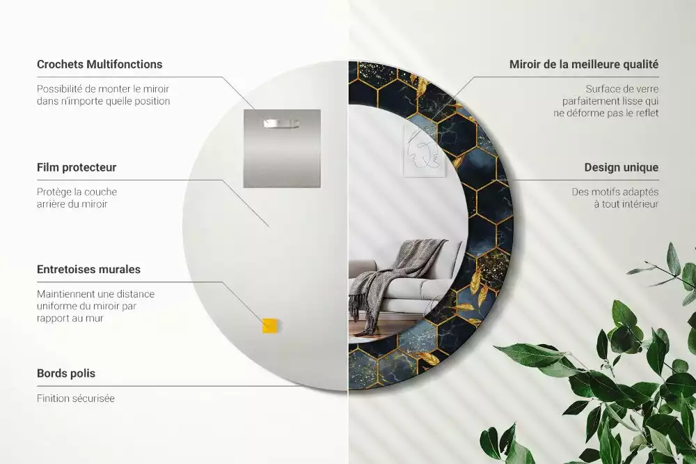 Miroir rond cadre avec impression Hexagone marbré