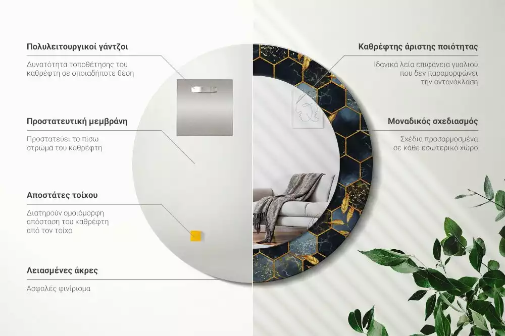 Miroir rond cadre avec impression Hexagone marbré