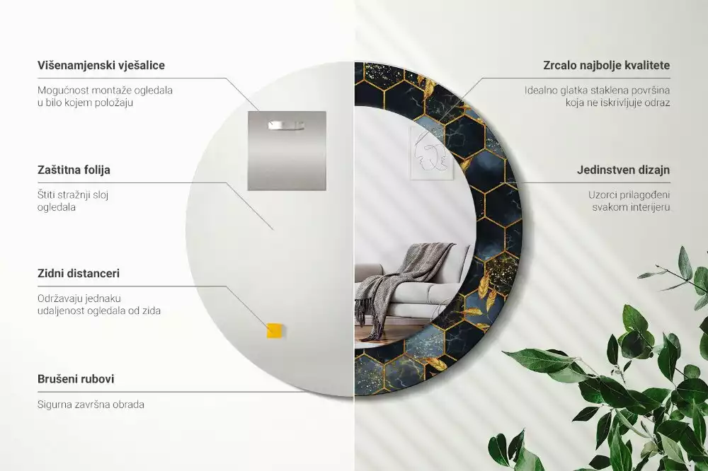 Miroir rond cadre avec impression Hexagone marbré