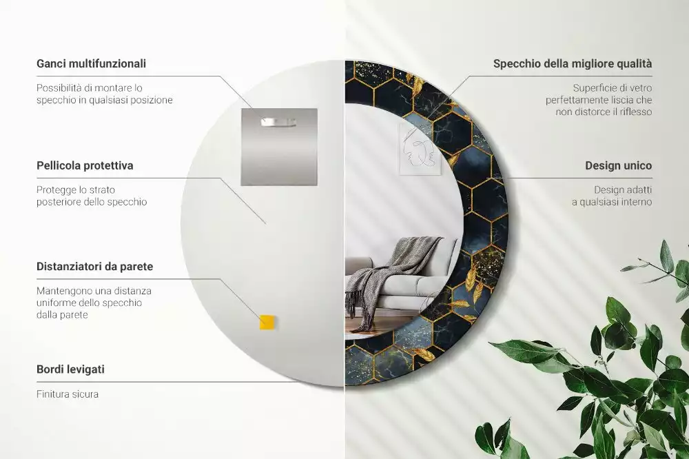Miroir rond cadre avec impression Hexagone marbré