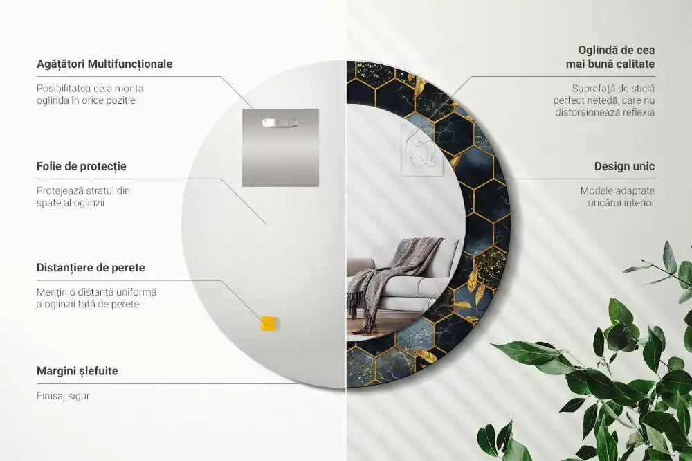 Miroir rond cadre avec impression Hexagone marbré