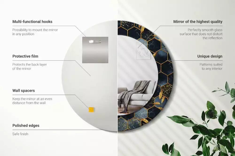 Miroir rond cadre avec impression Hexagone marbré