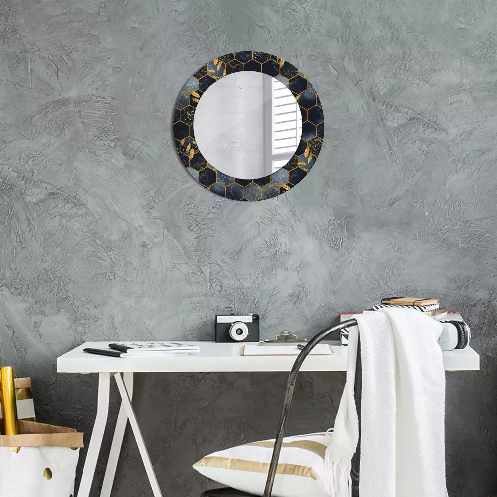 Miroir rond cadre avec impression Hexagone marbré