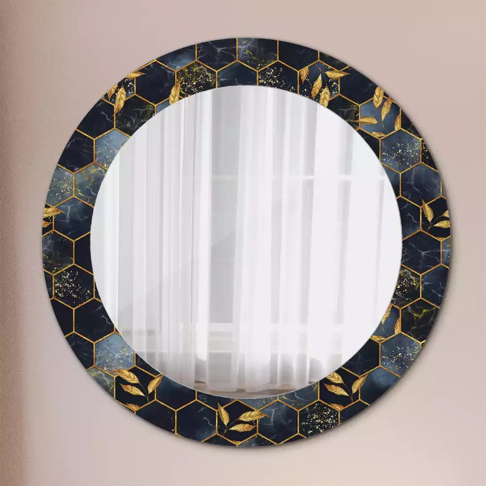 Miroir rond cadre avec impression Hexagone marbré