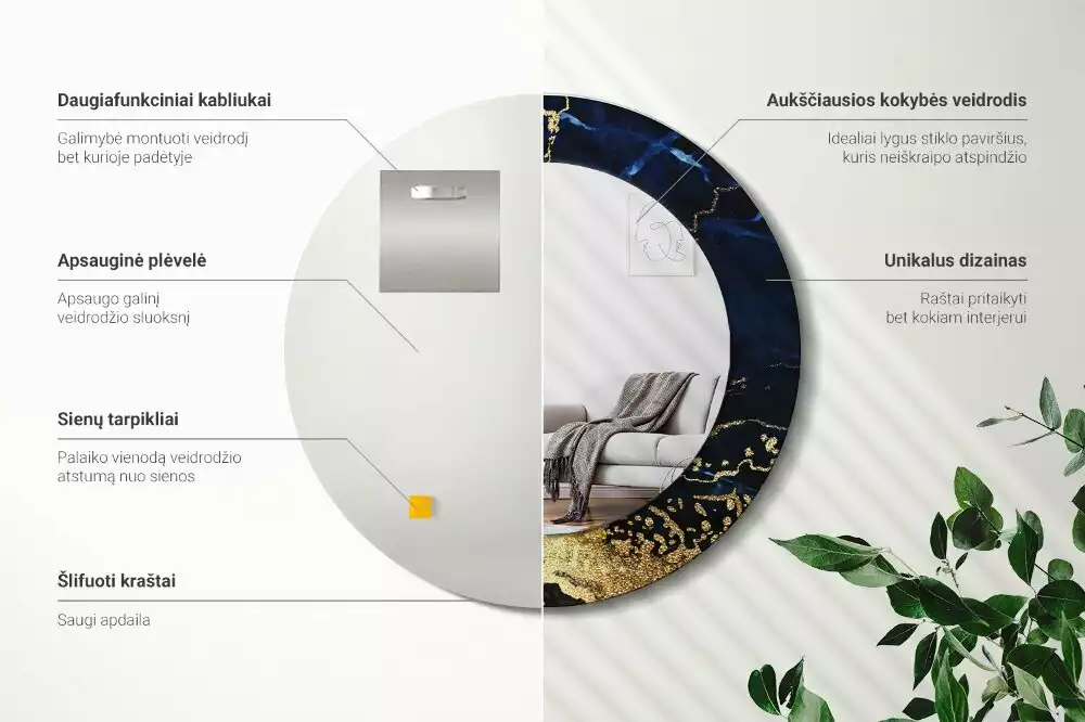 Miroir rond imprimé Marbre bleu