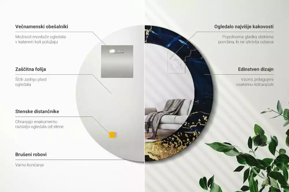 Miroir rond imprimé Marbre bleu