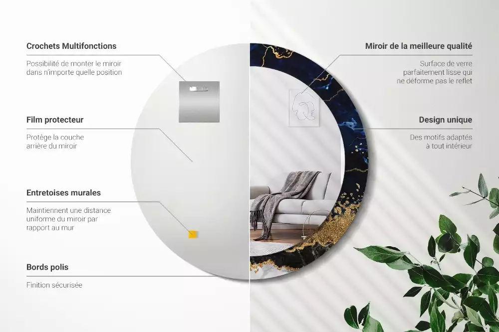 Miroir rond imprimé Marbre bleu