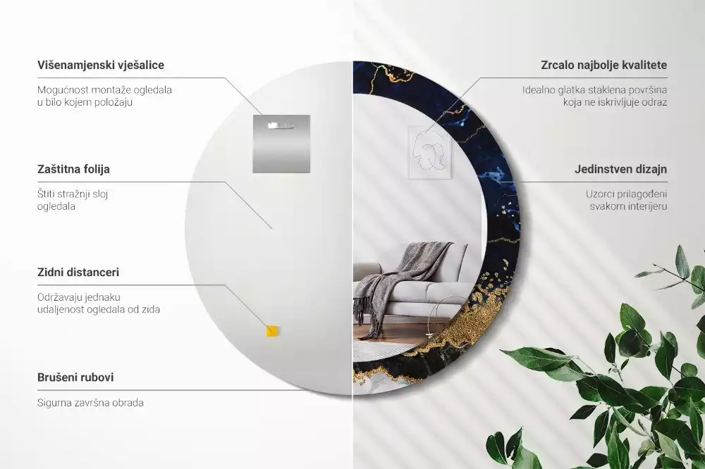 Miroir rond imprimé Marbre bleu