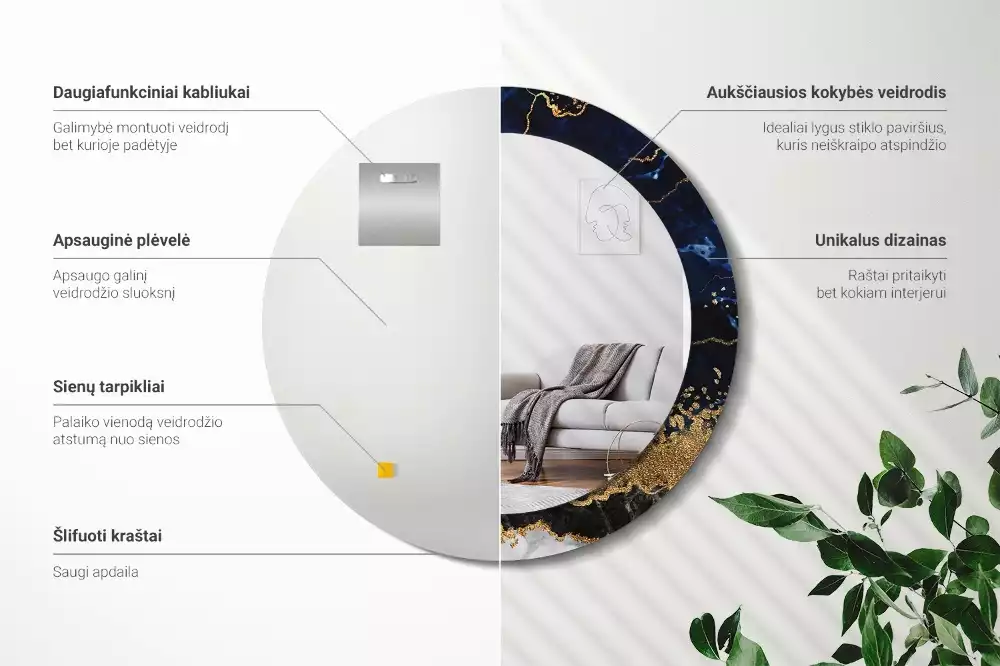 Miroir rond imprimé Marbre bleu