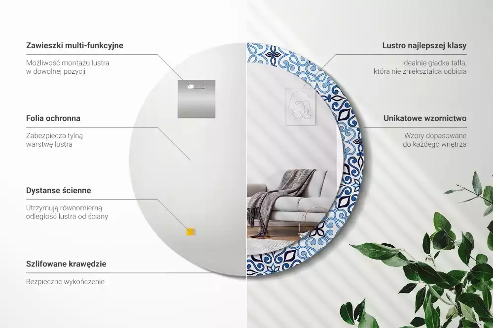 Miroir rond avec décoration Motif arabe bleu