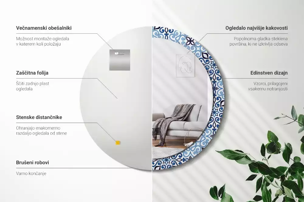 Miroir rond avec décoration Motif arabe bleu