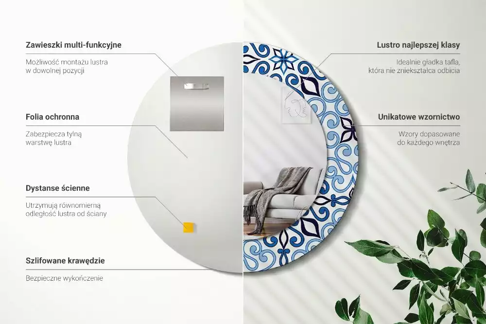 Miroir rond avec décoration Motif arabe bleu