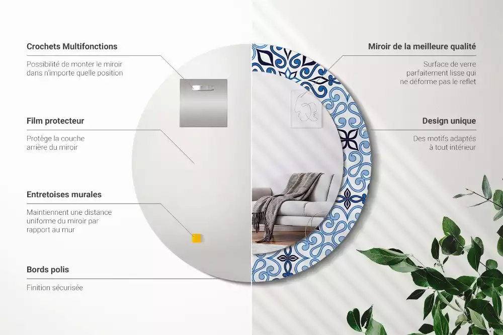 Miroir rond avec décoration Motif arabe bleu