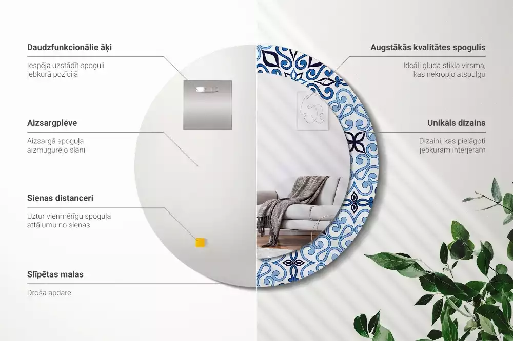 Miroir rond avec décoration Motif arabe bleu