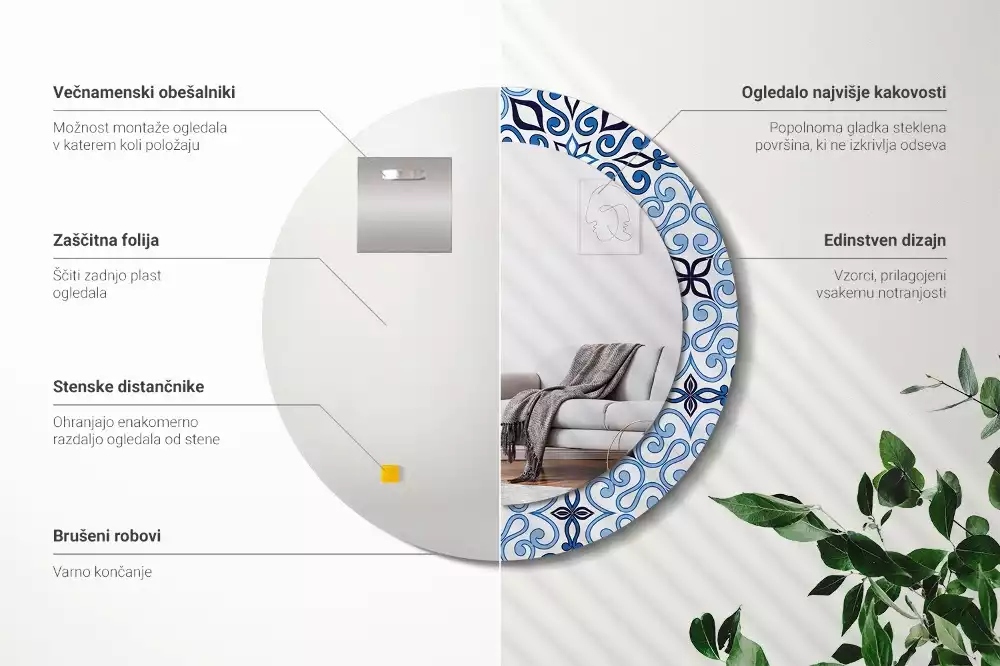 Miroir rond avec décoration Motif arabe bleu