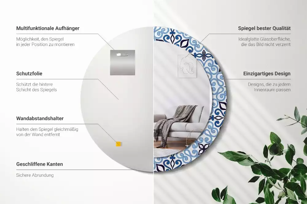 Miroir rond avec décoration Motif arabe bleu