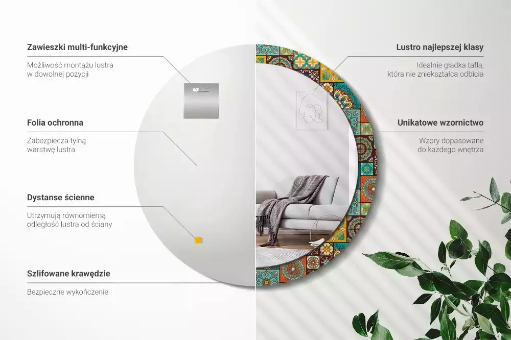 Miroir rond cadre avec impression Motif arabe