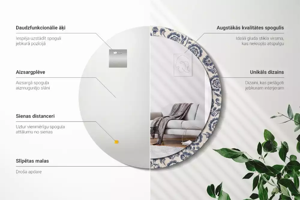 Miroir rond avec décoration Motif fleuri