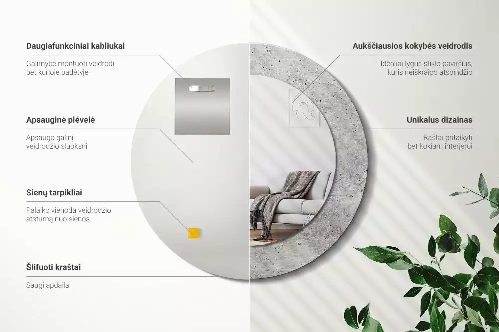 Miroir rond avec décoration Béton gris