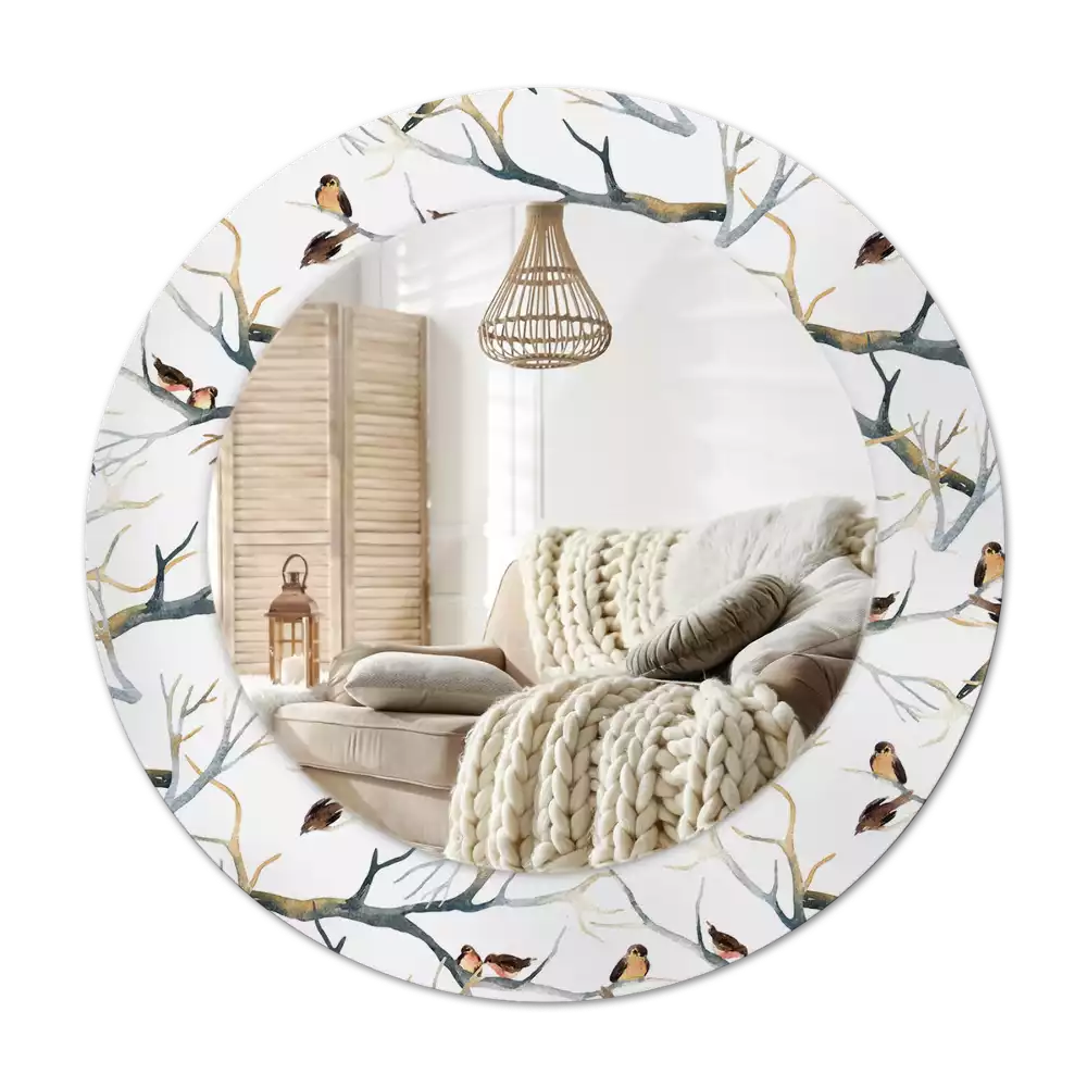 Miroir rond cadre avec impression Moineaux sur les branches