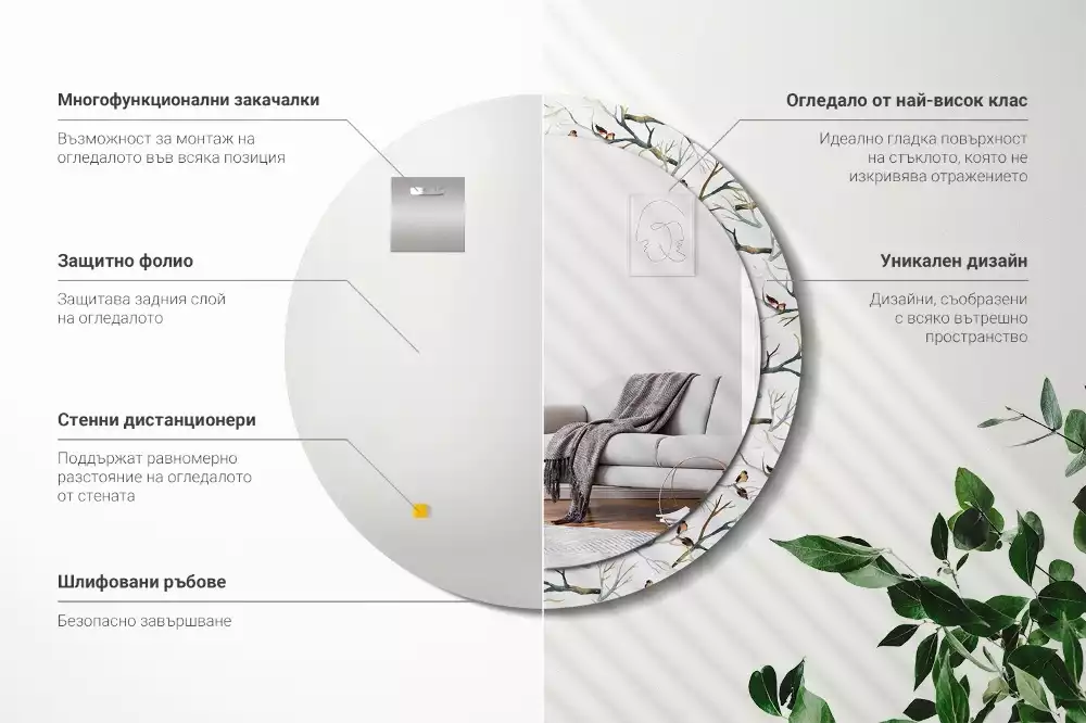Miroir rond cadre avec impression Moineaux sur les branches