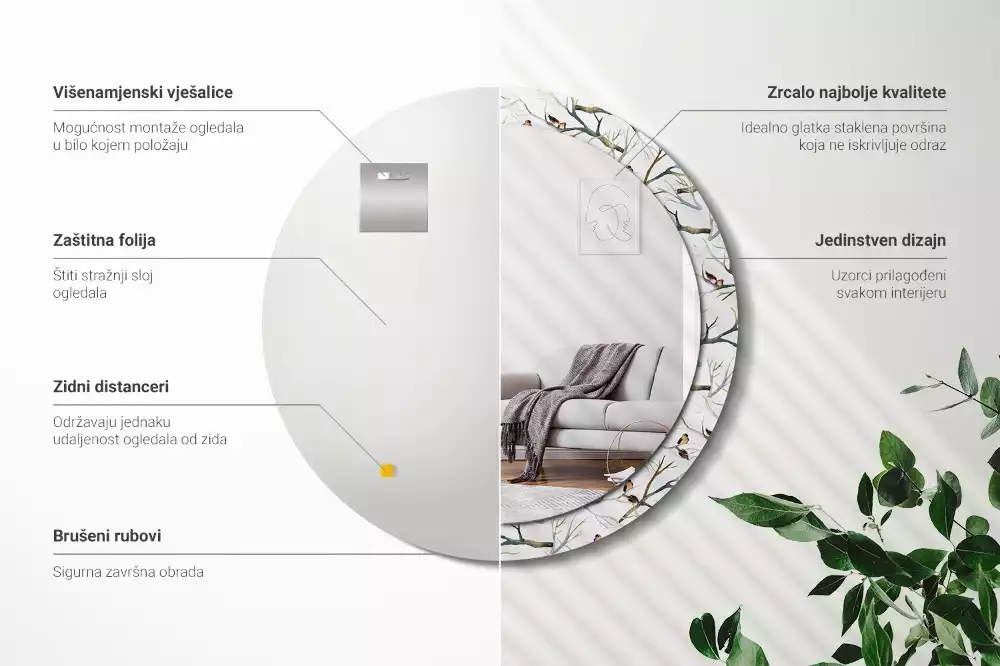Miroir rond cadre avec impression Moineaux sur les branches