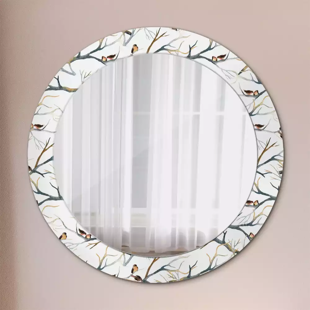 Miroir rond cadre avec impression Moineaux sur les branches