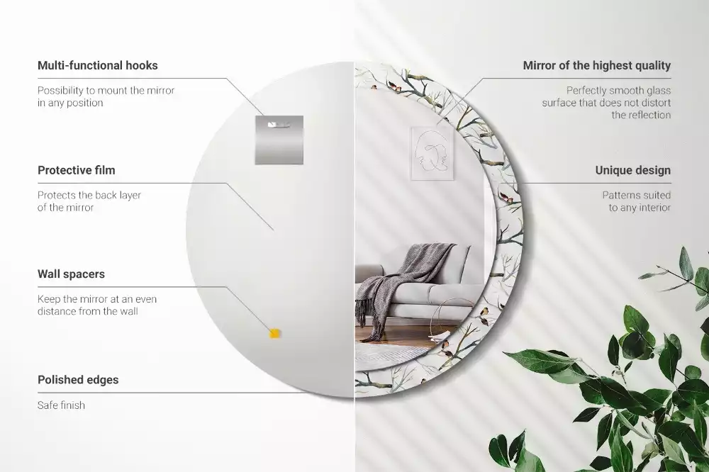 Miroir rond cadre avec impression Moineaux sur les branches