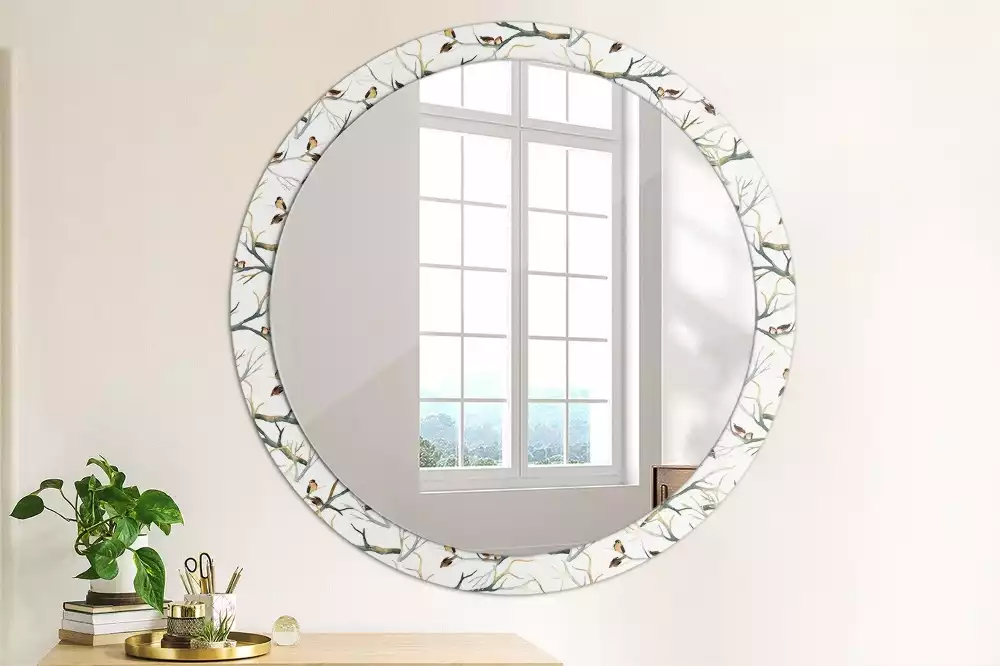 Miroir rond cadre avec impression Moineaux sur les branches