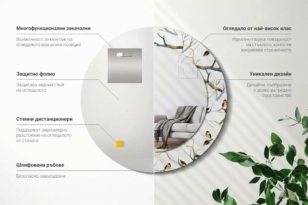 Miroir rond cadre avec impression Moineaux sur les branches