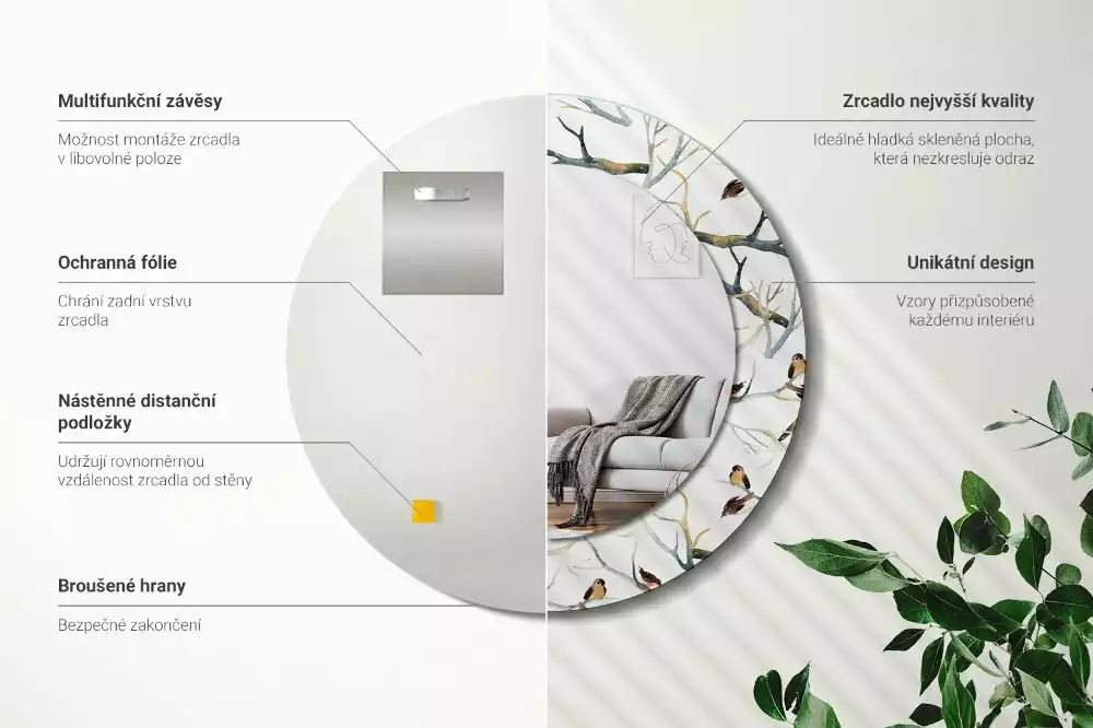 Miroir rond cadre avec impression Moineaux sur les branches