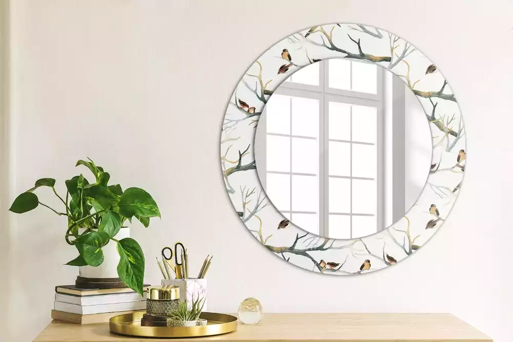 Miroir rond cadre avec impression Moineaux sur les branches