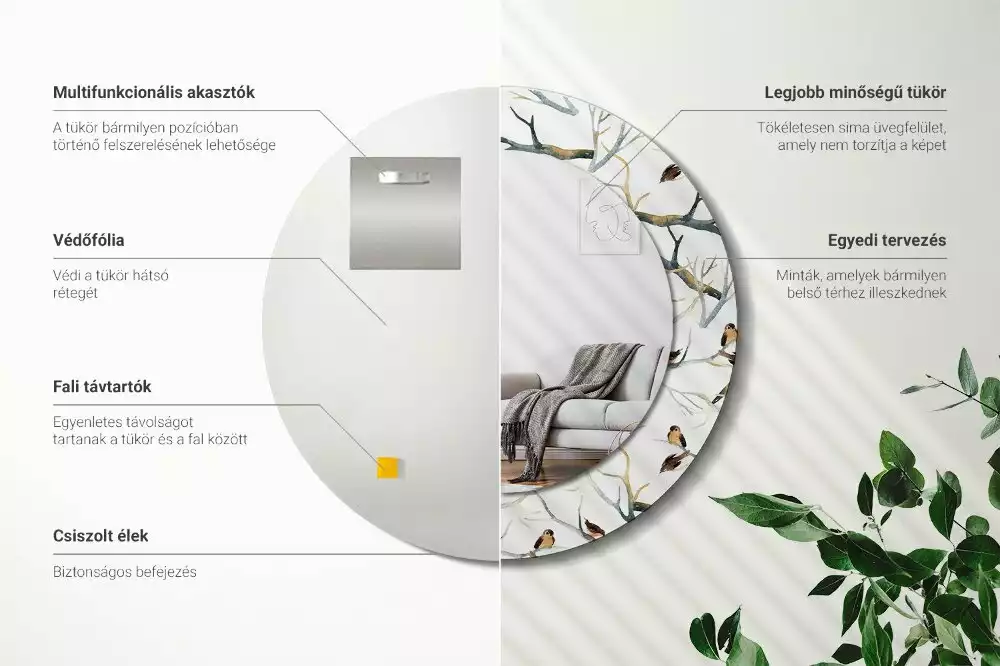 Miroir rond cadre avec impression Moineaux sur les branches