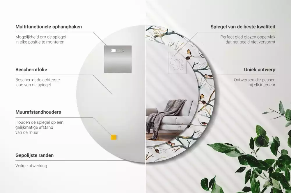 Miroir rond cadre avec impression Moineaux sur les branches