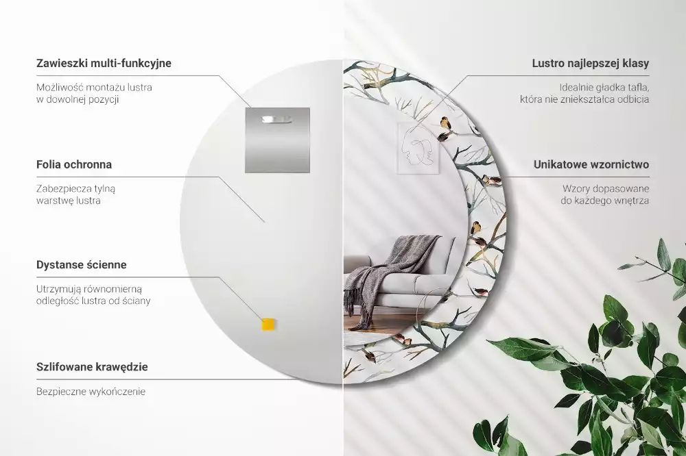 Miroir rond cadre avec impression Moineaux sur les branches