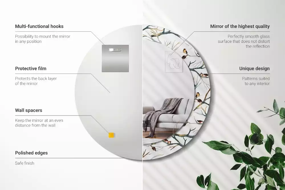 Miroir rond cadre avec impression Moineaux sur les branches