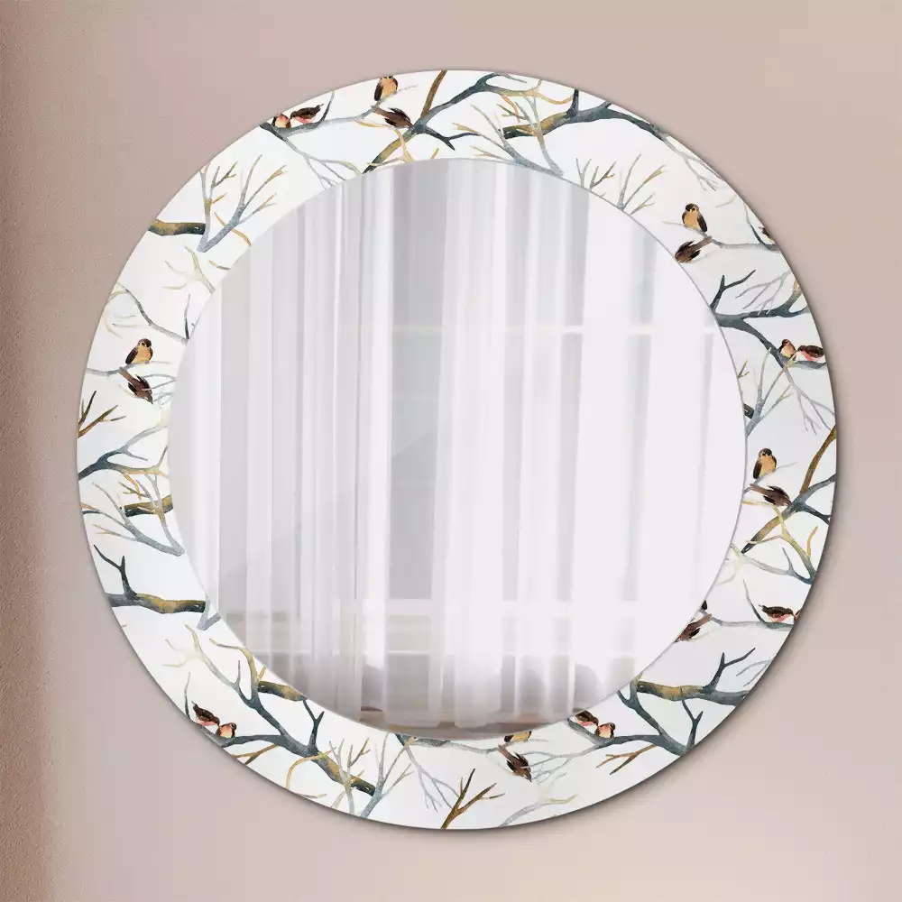 Miroir rond cadre avec impression Moineaux sur les branches