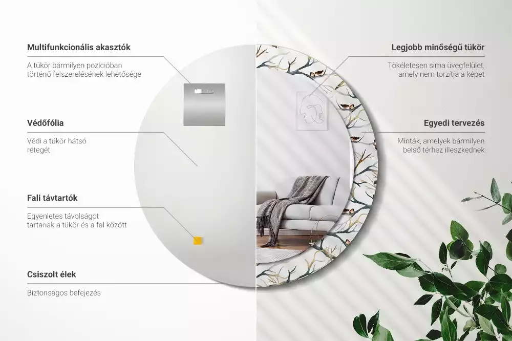 Miroir rond cadre avec impression Moineaux sur les branches