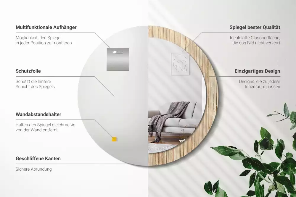 Miroir rond cadre avec impression Paille de bambou