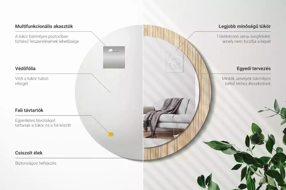 Miroir rond cadre avec impression Paille de bambou