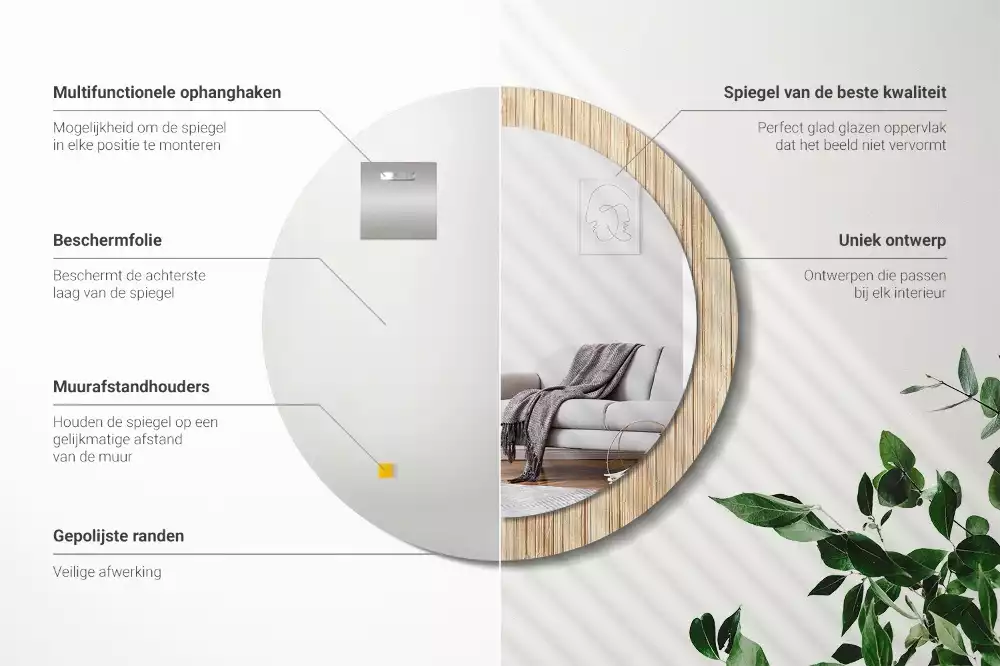 Miroir rond cadre avec impression Paille de bambou