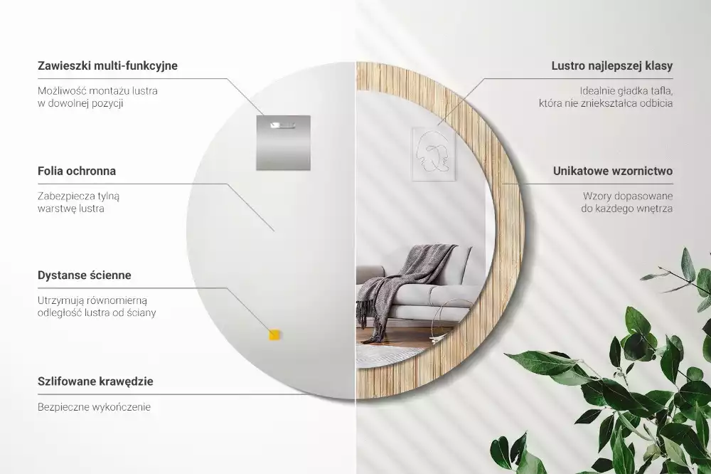 Miroir rond cadre avec impression Paille de bambou