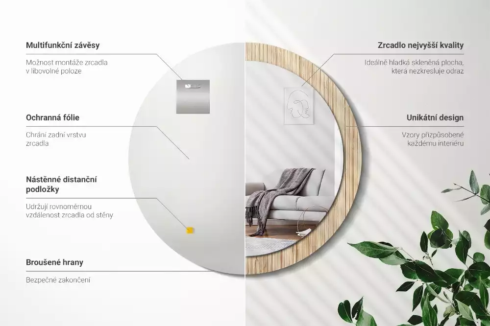 Miroir rond cadre avec impression Paille de bambou